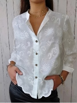 Women's Elegant Semi-Sheer Lace Blouse - Lightweight Breathable Long Sleeve Button-Up Shirt with Stand-Up Collar, Solid Color Machine Washable Plus Size Top for Spring Summer Casual & Formal Wear, Lace Shirt, Delicate Fabric Design