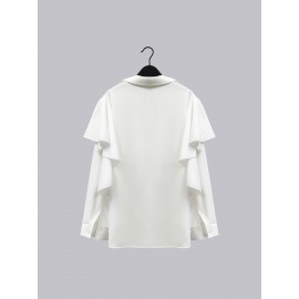 Plus Size, Plus Size Women's Elegant Long Sleeve Blouse with Oversized Collar & Ruffled Mandarin Collar - Semi-Sheer Wrinkle-Resistant-Like Smock Jacket-like Top, Hand Washable All-Season Professional Shirt (No Elasticity) for Office