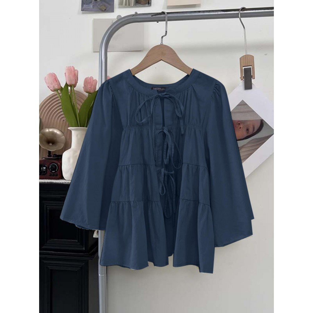 Plus Size - Casual Tops for Women in Plus Sizes Featuring a Solid Color, Long Sleeves, a Mandarin Collar, And a Tied Neck. This Loose, Lightweight Shirt Has a Tiered Design And Is Perfect for Everyday Wear, Embodying a Sweet And Cute Kor