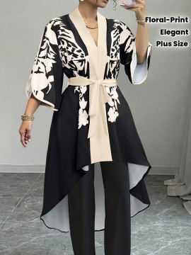 [Plus Size Blouse] Elegant Plus Size V-Neck Floral Print Blouse | Black and White, Non-Stretch Fabric, Perfect for All Seasons, Tie Waist and Puff Sleeves, Ladies