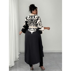 [Plus Size Blouse] Elegant Plus Size V-Neck Floral Print Blouse | Black and White, Non-Stretch Fabric, Perfect for All Seasons, Tie Waist and Puff Sleeves, Ladies