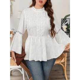 Plus Size - Women'S Elegant Solid Color Lace Trim Ruffle Sleeve Blouse - Plus Size Long Sleeve Round Neck Casual to Semi-Formal Shirt, Breathable Non-Stretch Fabric with Flared Bell Sleeves, Spring/Autumn Versatile Top for Everyday & Special Occasions, Easy-Care Durable Design, Spring Fashion, Autumn Outfit, Delicate Detailing, Lightweight Material, Stylish Shirt, Fashion Lovers, Office Wearers, Beautiful Blouse For Plus Size Women, Plus Size Women Clothes, Blouse Women