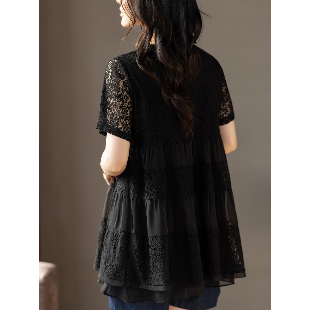 Plus Size - Summer Women'S Lightweight Breathable V-Neck Contrast Lace Blouse - Long Sleeve Longline Top with Ruffled Hem, Elegant Solid Color for Casual & Formal Wear, Versatile Fashion, Sophisticated Detailing