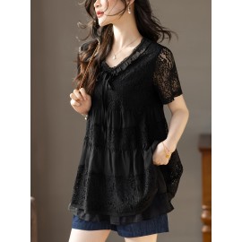 Plus Size - Summer Women'S Lightweight Breathable V-Neck Contrast Lace Blouse - Long Sleeve Longline Top with Ruffled Hem, Elegant Solid Color for Casual & Formal Wear, Versatile Fashion, Sophisticated Detailing