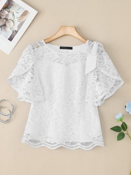 Plus Size, ZANZEA Women's Elegant Lace Patchwork Blouse - Short Sleeve Lace Collar & Sleeve Trim, Semi-Sheer Lace Panel Lightweight Summer Wedding Guest Dress Shirt, Plus Size Round Neck Blouse () for Party, Office, Casual - Machine