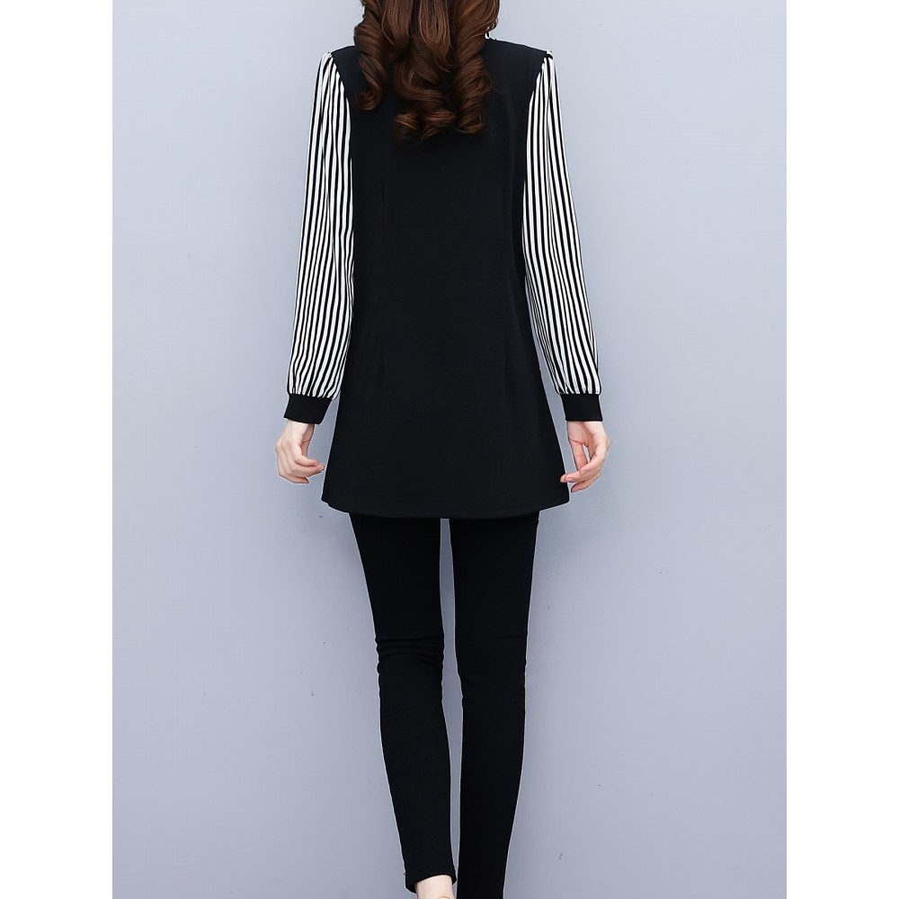 Plus Size, 1pc black and white striped spliced top, fashionable casual style, tummy-covering effect, suitable for daily wear in mid-to-senior age/autumn-winter season, plus-size Women's midi-length base layer shirt