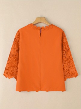 [Elegant Oversized Blouse] Plus Size, ZANZEA Women's Plus Size Elegant Oversized Blouse - Lightweight Short Sleeve-Like 3/4 Sleeve Crew Neck Shirt, Wrinkle-Resistant White & Colors, Structured Collar, Machine Washable - Office, Commuter & Casual Wear (No Stretch)