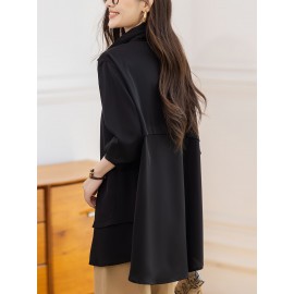 Plus Size, BOHC Women's Oversized Tunic Shirt - Longline Collar Blouse with Button Front Closure, Solid Black Floor-Length or Above-Knee Length Options, Structured Fit for Spring/Fall Casual & Formal Wear, Minimalist Elegant Blouse for Women (Hand Wash/Dry Clean) - New Relaxed Fit Tunic with Button-Up Front, Smooth Texture & Solid Color Design, Suitable for Layering or Standalone Wear, Clothes for Women, Plus Size Lace Blouse, Blouses for Women High Quality,