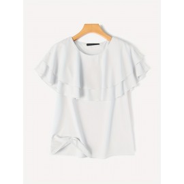 [Short Sleeve Ruffle Blouse] Elegant Plus Size Women's Blouse - Casual Short Sleeve with Ruffle Detail, Solid Color, Non-Stretch Polyester - Perfect for Spring/Summer