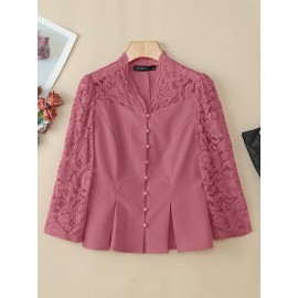 Plus Size - ZANZEA Women'S Elegant Lace Patchwork V-Neck Blouse - Long Sleeve, Front Button Closure, Waist Split Hem, Solid Color for Office, Evening, Women Elegant Floral Lace Trim Blouse, Women Elegant Floral Lace Trim Top