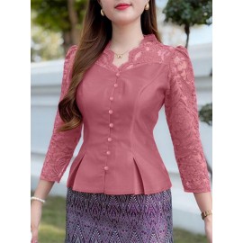 Plus Size - ZANZEA Women'S Elegant Lace Patchwork V-Neck Blouse - Long Sleeve, Front Button Closure, Waist Split Hem, Solid Color for Office, Evening, Women Elegant Floral Lace Trim Blouse, Women Elegant Floral Lace Trim Top