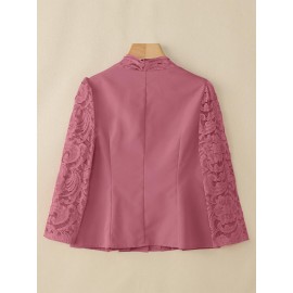 Plus Size - ZANZEA Women'S Elegant Lace Patchwork V-Neck Blouse - Long Sleeve, Front Button Closure, Waist Split Hem, Solid Color for Office, Evening, Women Elegant Floral Lace Trim Blouse, Women Elegant Floral Lace Trim Top