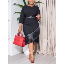 Plus Size Fringe Hem Bodycon Dress, Elegant 3/4 Sleeve Midi Dress For Spring & Fall, Women's Plus Size Clothing