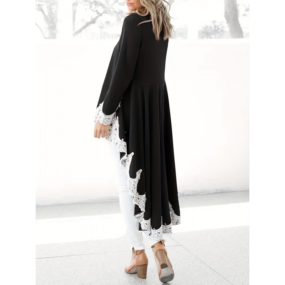 [Elegant Plus Size Dress] Elegant Plus Size Women's Long Sleeve Maxi Dress | Black & Lace Contrast, Flowy Formal/Everyday Dress with Round Neck, Machine Washable Non-See-Through Fabric for Parties, Office, Casual Outfits, Everyday Elegance, Sophisticated Style