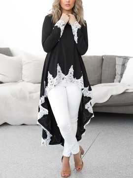 [Elegant Plus Size Dress] Elegant Plus Size Women's Long Sleeve Maxi Dress | Black & Lace Contrast, Flowy Formal/Everyday Dress with Round Neck, Machine Washable Non-See-Through Fabric for Parties, Office, Casual Outfits, Everyday Elegance, Sophisticated Style