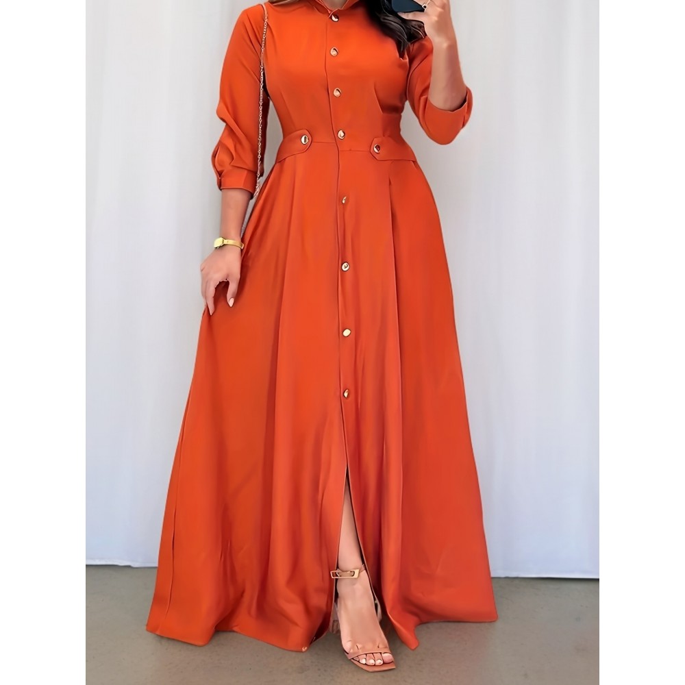 Plus Size - Elegant Plus Size Women'S Dress - Vibrant Orange, Long Sleeve, Button-Up, Flowy A-Line Silhouette, Non-Stretch Fabric, Perfect for Casual or Formal Occasions, Casual Dressing | Vibrant Orange Dress | Nonstretch Fabric, Orange Dresses For Women, Orange Maxi Dress, Orange Dress Long, Dresses For Women Plus Size, Plus Size Women Dresses, Women Dresses Large Sizes, Dresses For Plus Women, Ladies Dresses, Plus Size Women Elegant Dresses, Dresses For