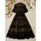 Plus Size, Women's Elegant Short Sleeve Round Neck Lace Detail A-Line Midi Dress with Button Front Closure & Elastic Waist - Machine Washable Solid Color Plus Size Party & Casual Dress
