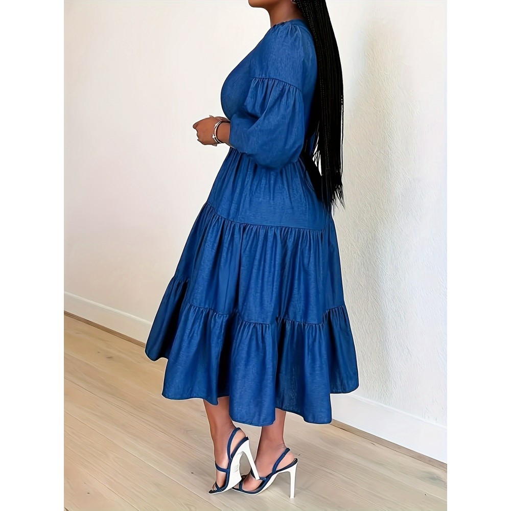 Plus Size Faux Denim Tiered Dress, Elegant Lantern Sleeve Round Neck Belted Dress For Spring & Summer, Women's Plus Size Clothing