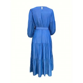 Plus Size Faux Denim Tiered Dress, Elegant Lantern Sleeve Round Neck Belted Dress For Spring & Summer, Women's Plus Size Clothing