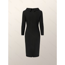 Plus Size - Plus Size, Women'S Elegant Plus Size Formal & Everyday Dress - Long Sleeve Round Neck Solid Color Red Dress with Lapel Collar, Machine Washable Winter Fall Outfits, Dresses For Women Plus Size