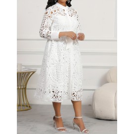 Elegant White Lace Midi Dress with 3/4 Sleeves and Belt Detail, Button-Up Front, Breathable Fabric, Perfect for Casual or Semi-Formal Occasions, Lace Dress, Occasion Wear, Nontransparent Fabric