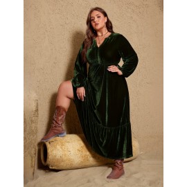 Plus Size, Plus Size A-Line Maxi Dress - Sleeve Winter Dress with -Length Hem, Machine Washable Solid Color Elegant Party Wedding Guest Dress (Casual to Formal) - Coat-Compatible Outfit