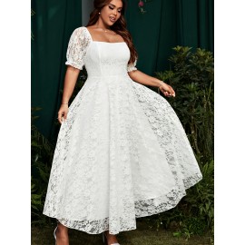 [Pink Lace Dress] Elegant Pink Lace-Trimmed Square Neck Dress for Women | Fitted Shirred Waist, Long Sleeve, Flowing Design - Perfect for Weddings & Formal Events