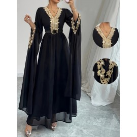 Plus Size, New Women's Elegant Arab Saudi Gown - Batwing Sleeves V-Neck Long Dress with Golden Appliqué & Lace-Like Trim, Floor-Length A-Line Silhouette in Navy Blue, Machine Washable for Weddings, Parties, Formal Events (Plus Size Available) - Spring Summer Fall Outfits, Highquality Fabric, Delicate Embroidery, Modest Fashion