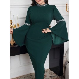 [Plus Size Bell Sleeve Dress] Elegant Plus Size Bell Sleeve Dress - Stretchy & Form-Fitting, Solid Color, Crew Neck, Perfect for Spring/Summer/Fall, Women's Fashion, Sophisticated Style, Elegant Event Attire