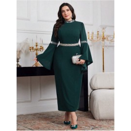 [Plus Size Bell Sleeve Dress] Elegant Plus Size Bell Sleeve Dress - Stretchy & Form-Fitting, Solid Color, Crew Neck, Perfect for Spring/Summer/Fall, Women's Fashion, Sophisticated Style, Elegant Event Attire