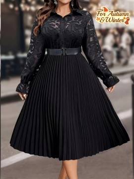 [Plus Size Elegant Dress] Plus Size, Autumn and Winter Fashion Casual Long-Sleeve Pleated Elegant Dress