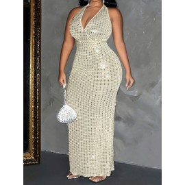 Plus Size Women's Sleeveless Halter Neck Sequin Dress - Elegant Bodycon Summer Party Dress with High Slit, Hand Wash Only, Formal Occasion Attire | Stretchy Fabric Gown