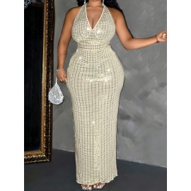 Plus Size Women's Sleeveless Halter Neck Sequin Dress - Elegant Bodycon Summer Party Dress with High Slit, Hand Wash Only, Formal Occasion Attire | Stretchy Fabric Gown