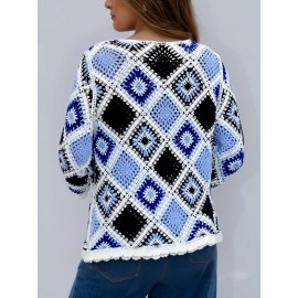 Plus Size - Women'S Bohemian Style Crochet Top - Lightweight Hollow Round Neck Sweater with Blue & Black Color Block Design, Long Sleeve Pullover for Fall/Winter