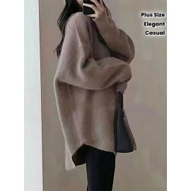 Plus Size, Women's Elegant Oversized Beige/Brown Sweater Coat - Soft Round Neck Collar Pullover, Winter Warm Blazer-like Jacket for Casual & Professional Wear, Hand Washable Fall/Winter Outerwear (No Pattern)