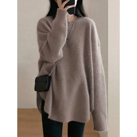 Plus Size, Women's Elegant Oversized Beige/Brown Sweater Coat - Soft Round Neck Collar Pullover, Winter Warm Blazer-like Jacket for Casual & Professional Wear, Hand Washable Fall/Winter Outerwear (No Pattern)