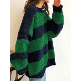 Plus Size - Plus Size, Women'S Plus Size Sweater - Green & Navy Blue Color Block, Loose Fit Long Sleeve Pullover Sweater for Fall/Winter, Non-Stretchy Sweater for Everyday & Formal Outfits - Elegant Women'S Sweater, Winter Wardrobe, Drop Shoulder Design, Cozy Material, Stylish Knitwear, Casual Wear, Green And Black/red Striped Sweater For Women, Crossover Sweater For Women