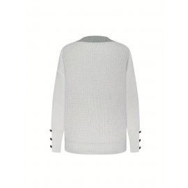 Plus Size - Women'S Oversized Sweater - Soft Pullover Sweater with Button Front Placket, Long Sleeve Round Neck Sweater for Fall/Winter