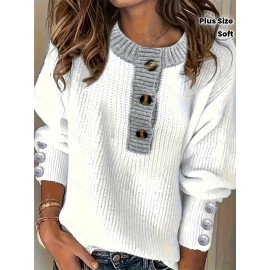 Plus Size - Women'S Oversized Sweater - Soft Pullover Sweater with Button Front Placket, Long Sleeve Round Neck Sweater for Fall/Winter