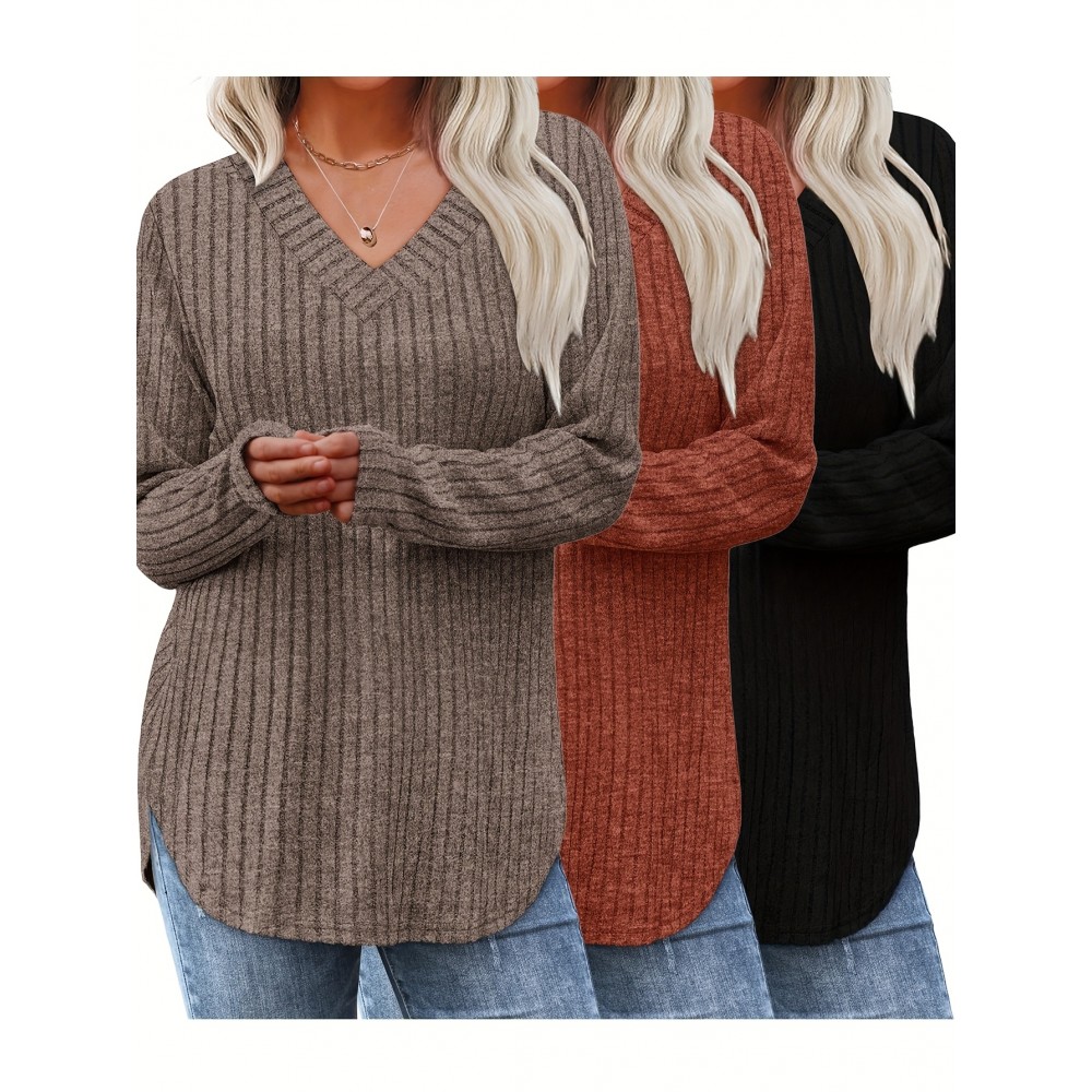 Plus Size, 3pcs Women's Oversized Sweater Set - All-Season V-Neck Sweaters in Beige/, Grey & Dark Brown - Loose-Fit Tunic Tops (Casual to Formal) - Machine Washable Cozy Knitwear for Fall Winter Layering