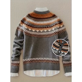 Plus Size - Plus Size Women'S Elegant Sweater - Soft Stretchy Winter Coat with Geometric Pattern, Long Sleeve Round Neck Casual Outerwear, Cozy Fall & Winter Wear, Cozy Winter Wear | Geometric Pattern Sweater | St