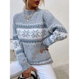 Plus Size, Women's Plus Size Winter Sweater Sweater Vest-like Long Sleeve Tunic - Soft Stretchy Turtleneck Sweater Coat with Snowflake & Print (Blue/White/Pink/Brown) - Cozy Christmas Party & Casual Outfits for Cold Weather - Plus