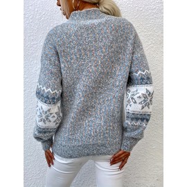 Plus Size, Women's Plus Size Winter Sweater Sweater Vest-like Long Sleeve Tunic - Soft Stretchy Turtleneck Sweater Coat with Snowflake & Print (Blue/White/Pink/Brown) - Cozy Christmas Party & Casual Outfits for Cold Weather - Plus