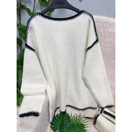 Plus Size - Women'S Casual Long Sleeve Pullover Sweater with Contrast Trim - Loose Fit, Round Neck, Medium Stretch, Striped Pattern, All-Season Comfort, Casual Wear|Striped Sweater|Medium Stretch Fabric