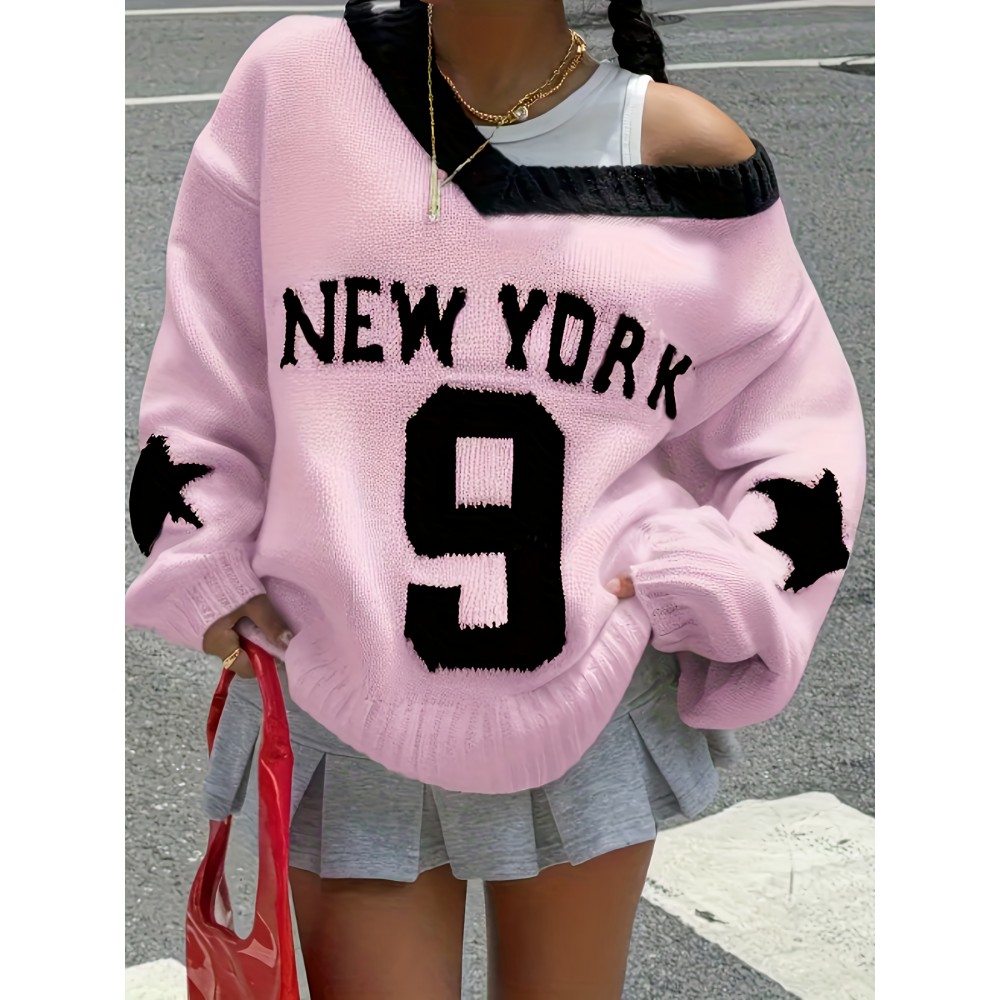 Plus Size, Plus Size Women's Oversized V-Neck Sweater - & Number 9 Print Pink Sweater with Logo-Like Lettering, Cozy Winter Sweater for NYC-Themed Outfits, Casual Elegant Hand Washable Fall Winter Sweeping Collar Sweater