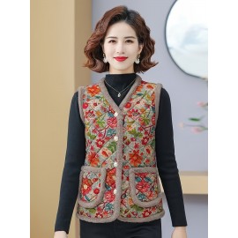 [Chinese Style Stand Collar] New Winter Plus Size Fleece-Lined Vest Cardigan Coat | Thickened Warm Comfortable, Chinese Style Stand Collar Retro Elegant Design H-Line Loose-Fit Free Floral Pattern Youthful and Stylish