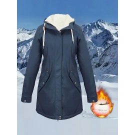 Plus Size, Women's Plus Size Winter Warm Full-Zip Hooded Parka Jacket with Pockets - Thick Outerwear Coat for Cold Weather, Machine Washable, Casual Winter Outer Layer (Blazer/ Style) for Fall & Winter Season, Solid Color Coat for Daily