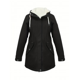 Plus Size, Women's Plus Size Winter Warm Full-Zip Hooded Parka Jacket with Pockets - Thick Outerwear Coat for Cold Weather, Machine Washable, Casual Winter Outer Layer (Blazer/ Style) for Fall & Winter Season, Solid Color Coat for Daily