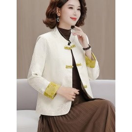 Plus Size - Plus Size, Women'S Chinese Cheongsam Coat - Elegant Vintage Tang Suit Jacket with Pastel pink & Golden Floral pattern, Non-Stretch Fabric, Button Front Closure, Traditional Cultural Formal & Everyday Chic Outerwear for Chinese New Year, Weddings, Cultural Events - Ready-to-Wear Women'S Clothing, Wedding Attire, Nontransparent Material, Festive Wear, Durable Construction, Plus Size Women