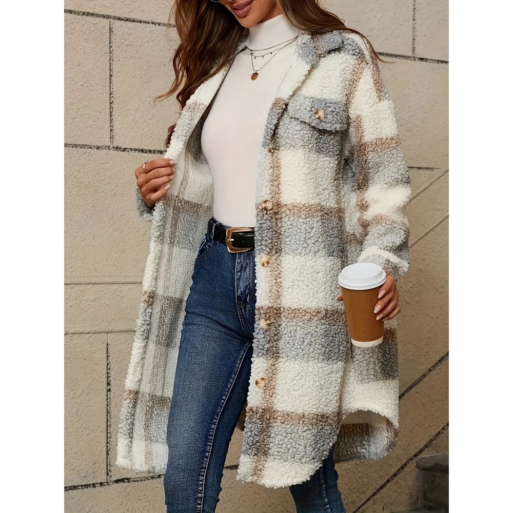 [Faux Fur Coat] Women's Casual Plaid Faux Fur Coat with Button Front & Lapel Collar - Machine Washable All-Season Outerwear Beige/White/Brown/Gray/Black, Casual Attire, Stylish Jacket, Cozy Fabric, Buttonup Jacket, Fashion Lovers